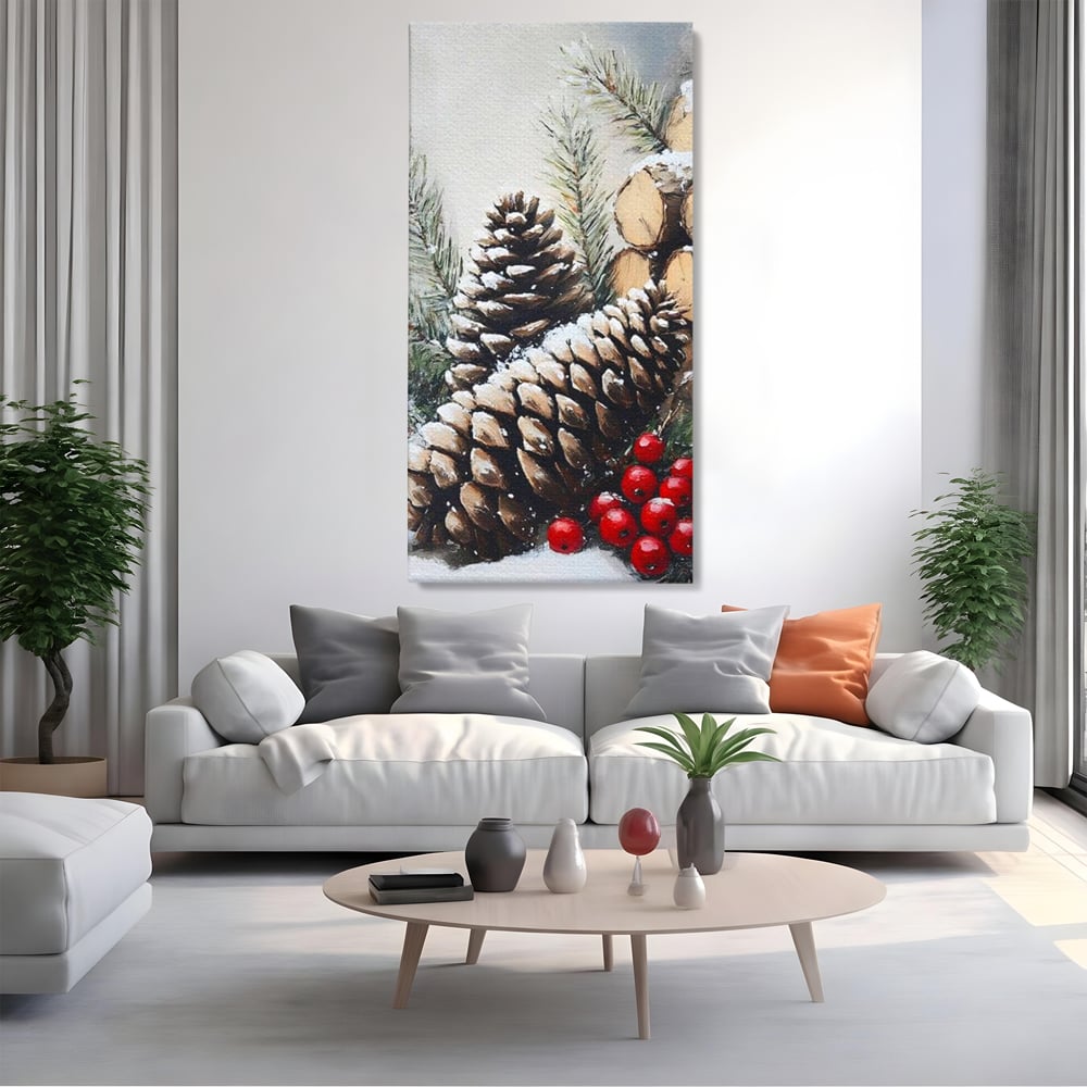 Tablou canvas cu pictura cu conuri de brad si bobite rosii, fara rama, pe sasiu de lemn, pe perete intr-un living